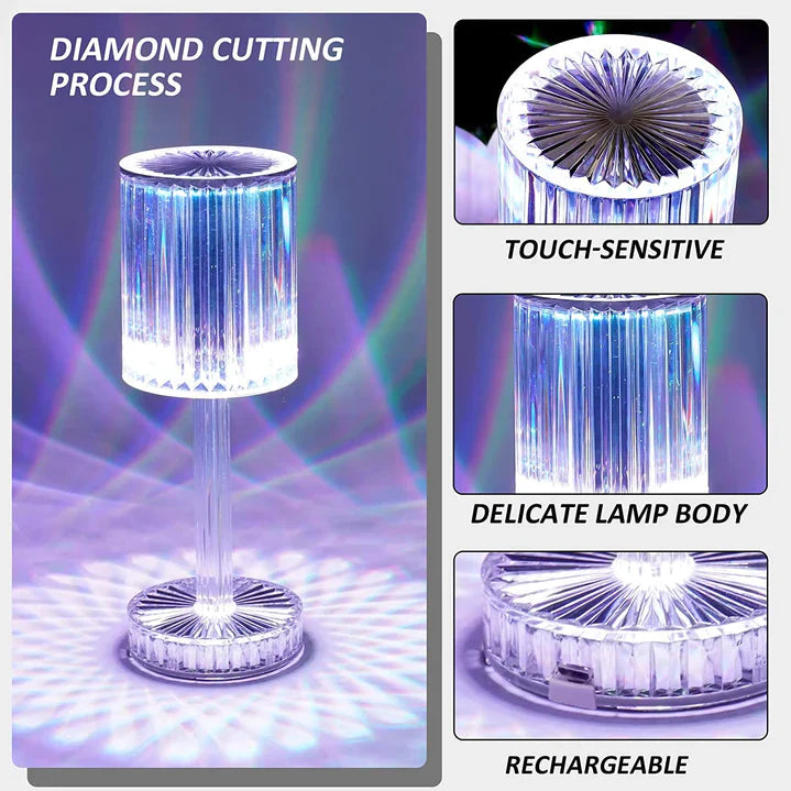 Brilla: Modern Crystal LED Table Lamp with 16-Color Changing RGB, Touch Control, USB Rechargeable & Diamond Cut Design