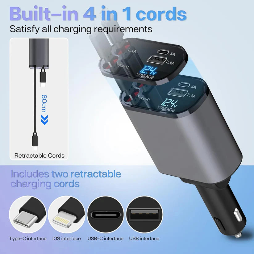 Terminal: 120W 4-in-1 Retractable Car Charger with Voltmeter, QC & PD Fast Charging, Dual USB Ports & Built-In Type-C + Lightning Cables