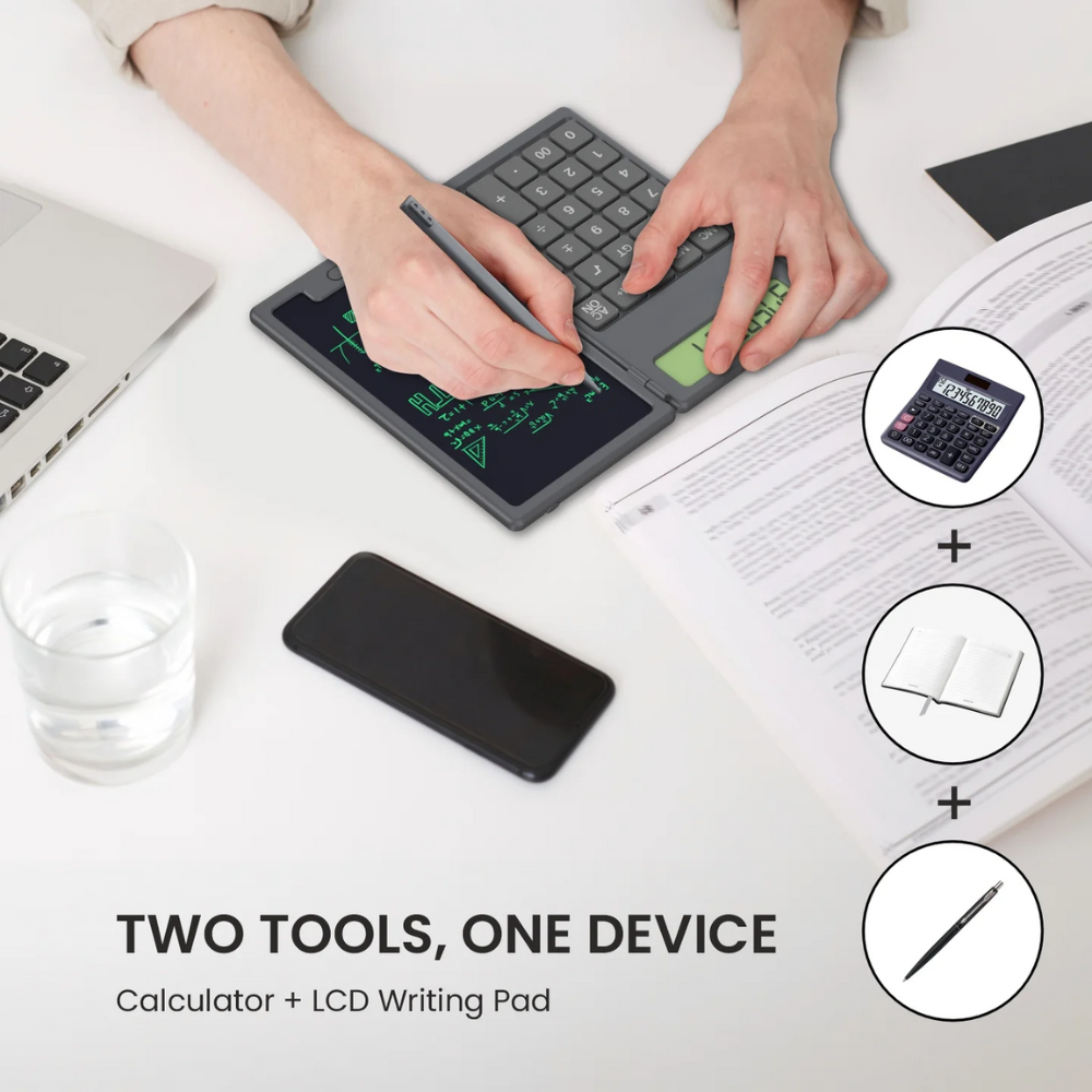 DigiFold: 2-in-1 Foldable Calculator & LCD Writing Pad – 12-Digit Pocket Calculator with 6.5-Inch Screen & Stylus for Office, School & On-the-Go Use