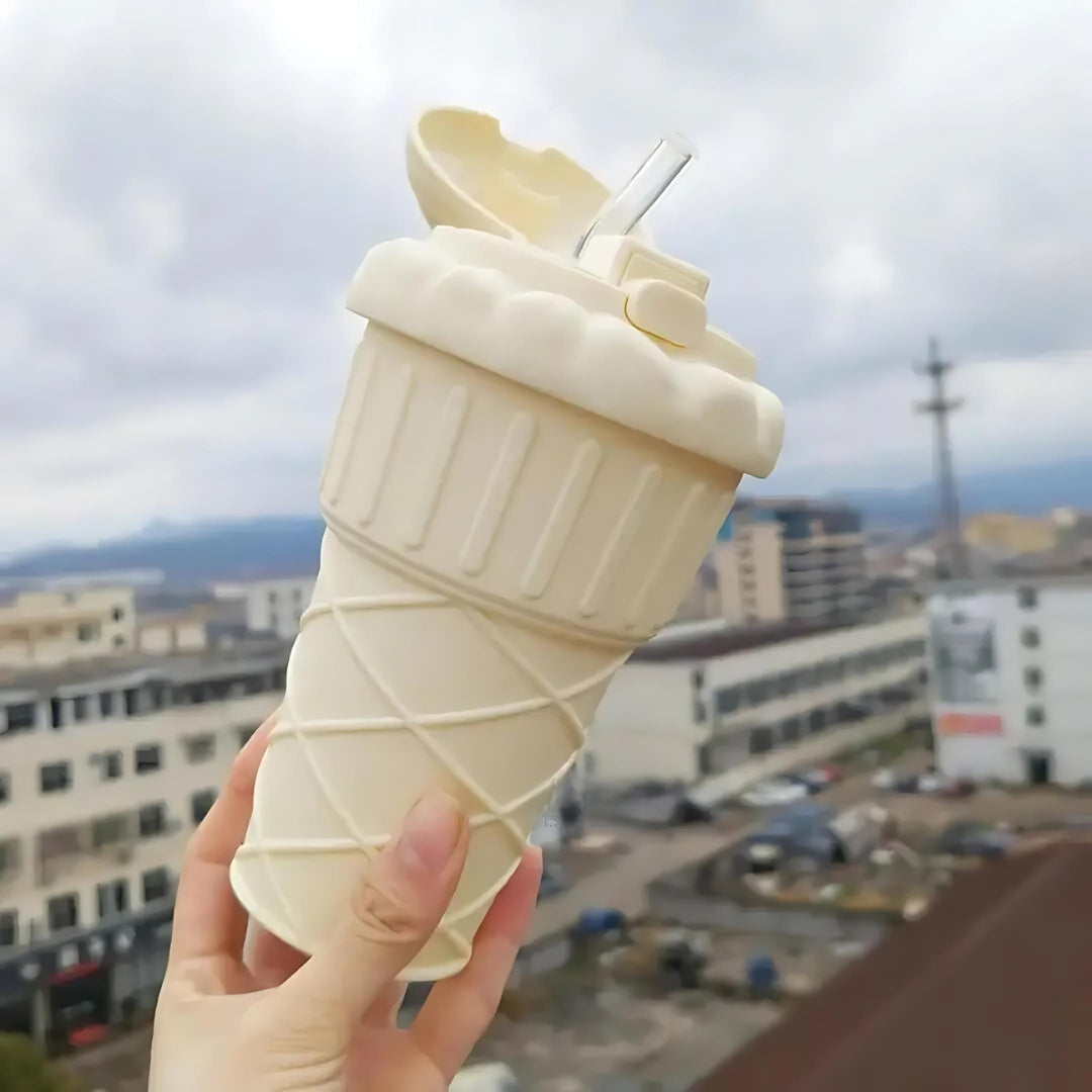 Sippy: Adorable Ice Cream Cone Sipper Bottle with Built-In Straw & Kid-Friendly 450ml Design