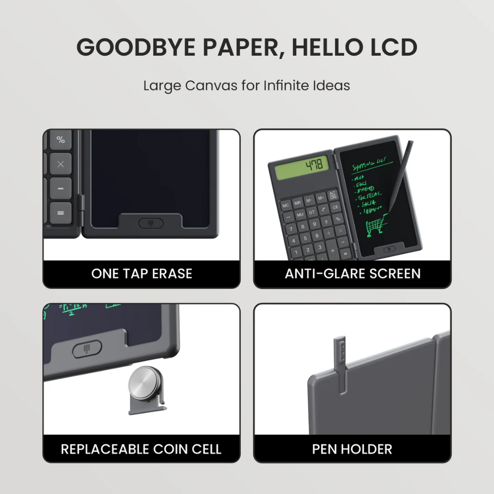 DigiFold: 2-in-1 Foldable Calculator & LCD Writing Pad – 12-Digit Pocket Calculator with 6.5-Inch Screen & Stylus for Office, School & On-the-Go Use
