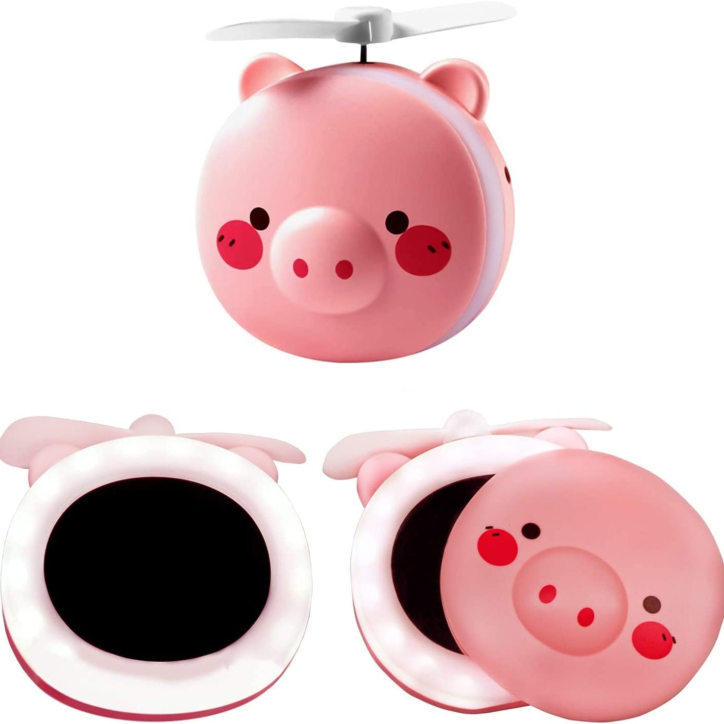 Snouty: 2-in-1 USB Rechargeable Piggy Mini Fan with LED Mirror Light, Cute Handheld Makeup Mirror & Portable Cooling Fan for Daily Use & Travel