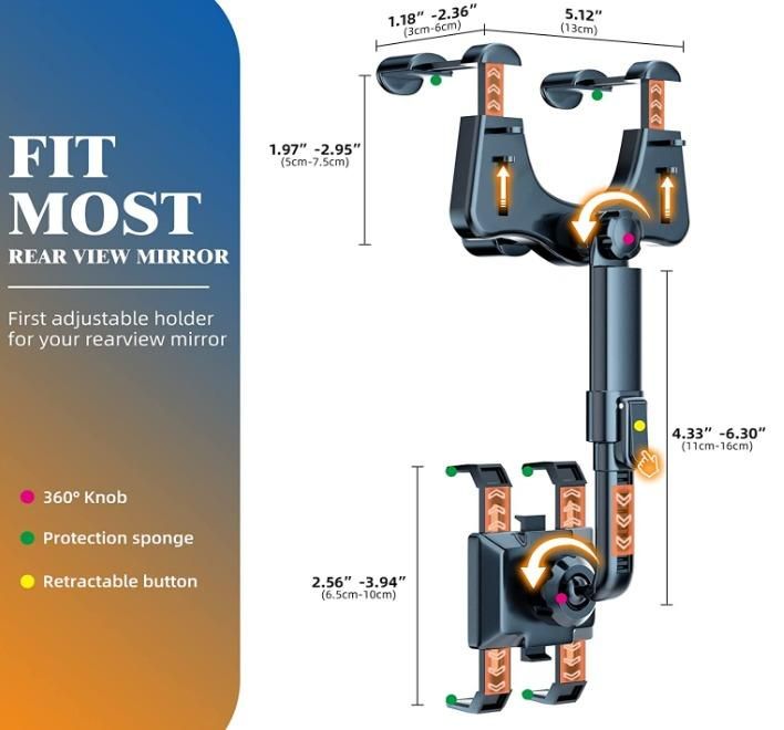 MirrorGrip: 60° Rotating Rearview Mirror Phone Holder with Anti-Shake Cradle & Adjustable Mount for Safe Driving
