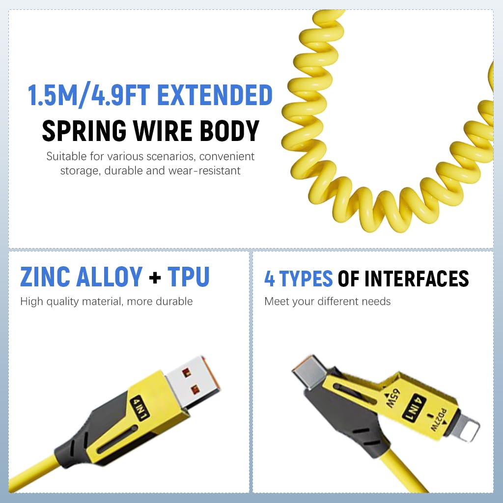 Coolio: 4-in-1 Coiled Fast Charging Cable with USB-A, Type-C & Lightning Connectors – 65W Spring Design for Travel, Car & Multi-Device Use