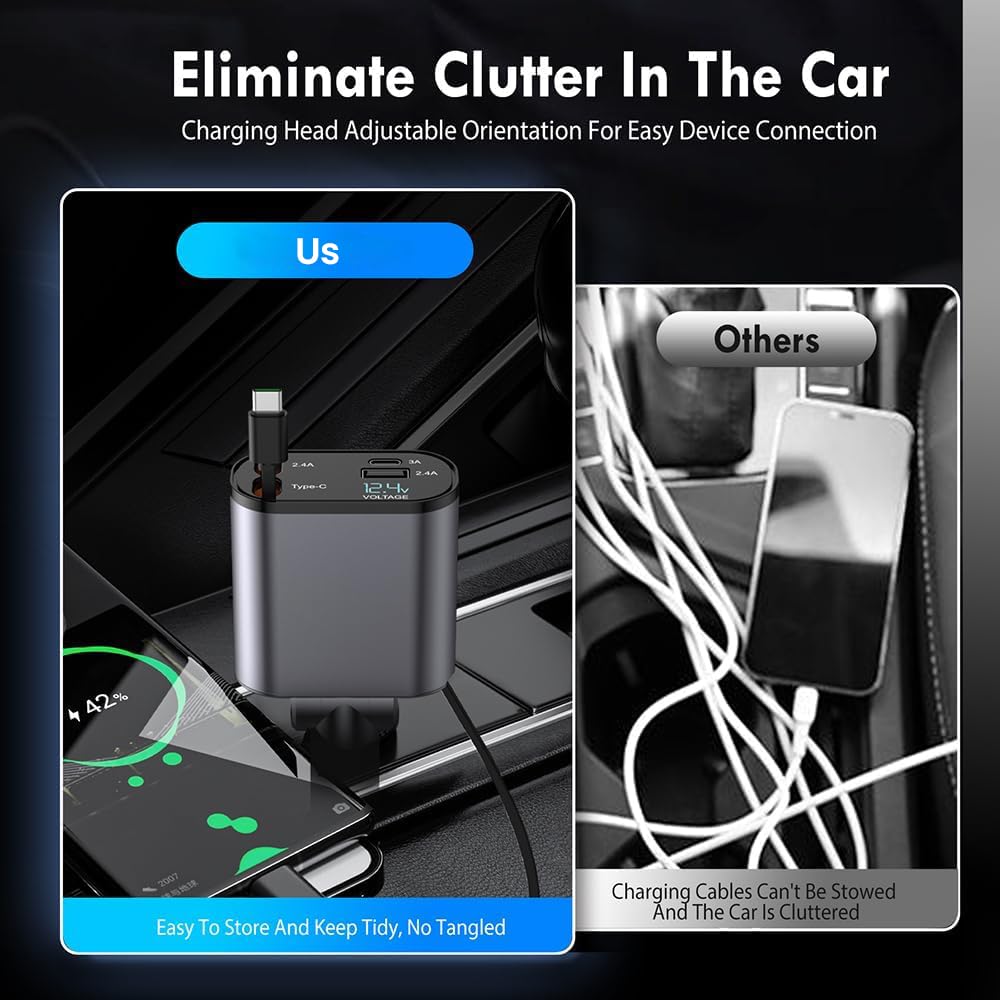 Terminal: 120W 4-in-1 Retractable Car Charger with Voltmeter, QC & PD Fast Charging, Dual USB Ports & Built-In Type-C + Lightning Cables