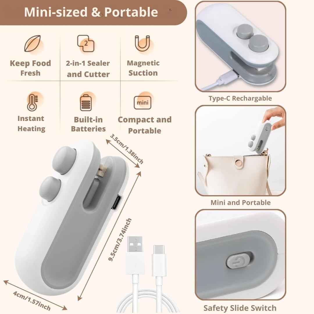 Sealy: 2-in-1 Mini Bag Sealer & Cutter, USB-C Rechargeable Portable Handheld Food Storage Sealing Machine for Snacks, Chips & Plastic Packets
