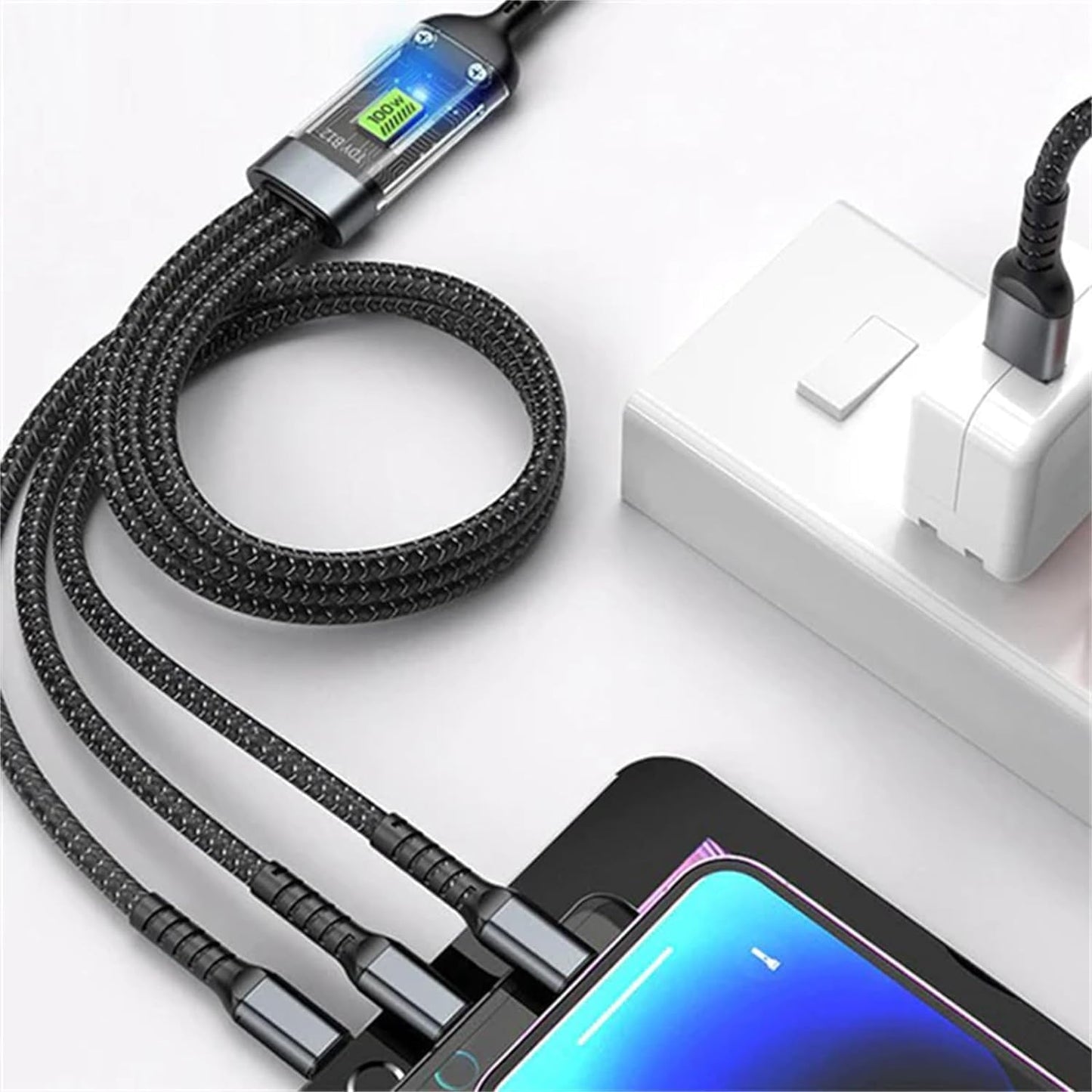 Power100: 3-in-1 100W Fast Charging Cable (1.2M) with Type-C, Micro-USB & Lightning Connectors for Laptops, Tablets & Smartphones