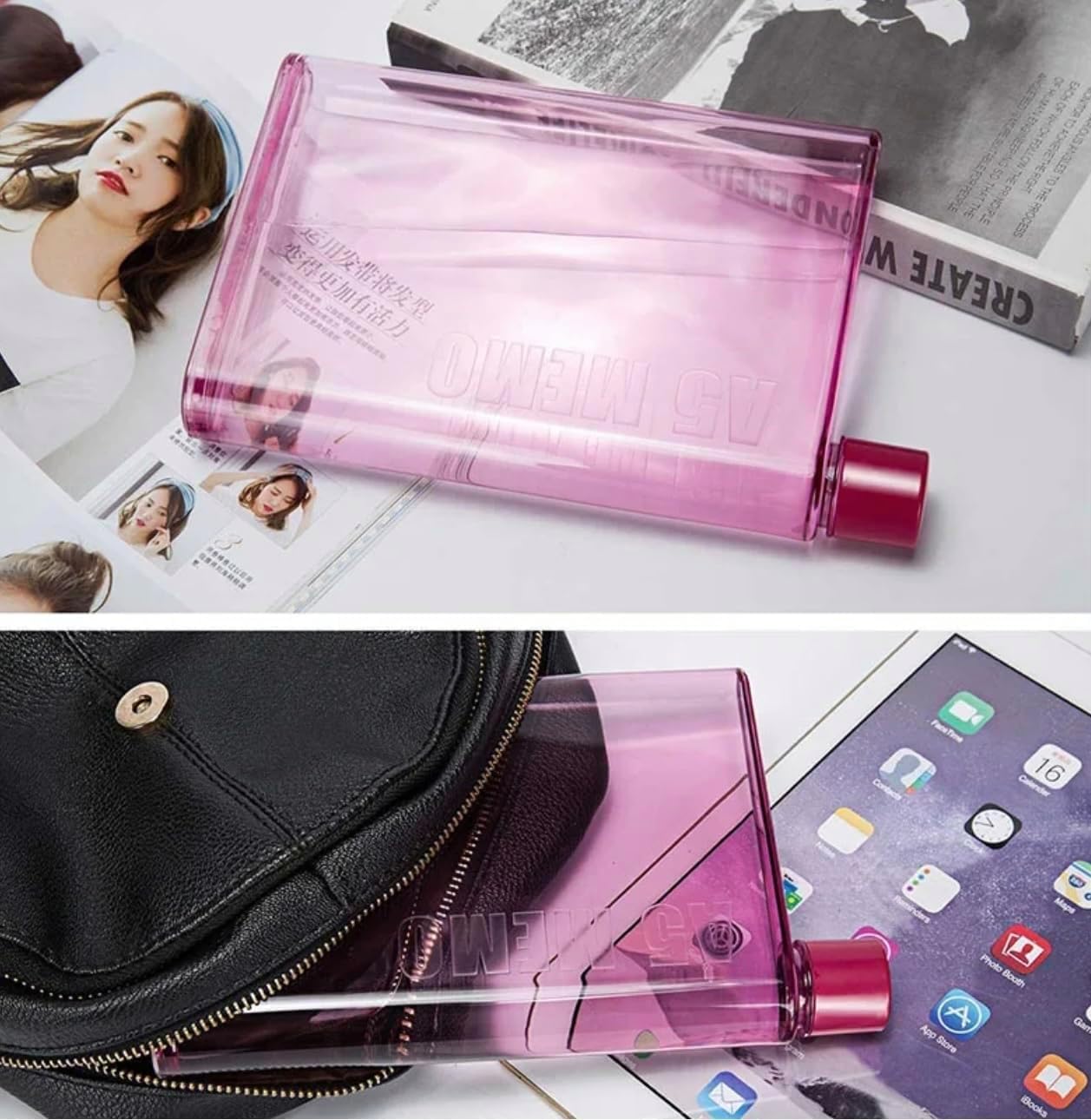 SlimSip: Ultra-Slim A5 Memo Bottle (420ml) – BPA-Free Flat Water Bottle for Easy Carry in Bags & Backpacks