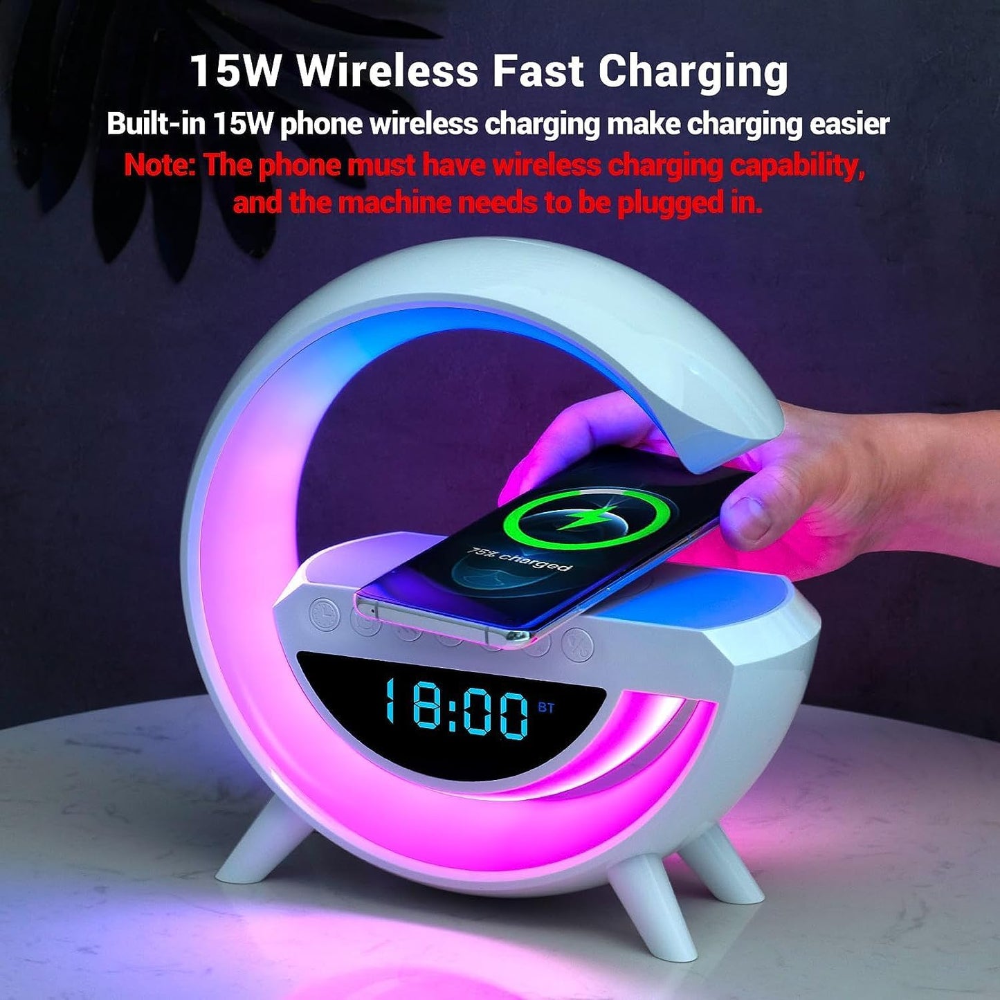 Gooble: Full Size G-Shaped RGB Atmosphere Lamp with 15W Wireless Charger, Bluetooth Speaker, Clock & Interactive Desk Light for Bedside & Room Décor