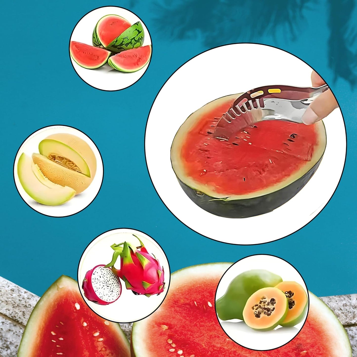 Slicey: 3-in-1 Stainless Steel Watermelon Cutter, Easy Grip Slicer Tool for Perfectly Cutting Melons, Cantaloupes & Pineapples with Precision & Speed
