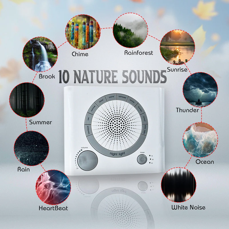 DreamWave: Sleep Therapy Sound Machine with Natural Soothing Sounds, Anxiety Relief, Auto-Off Timer & Battery/Adapter Power Options