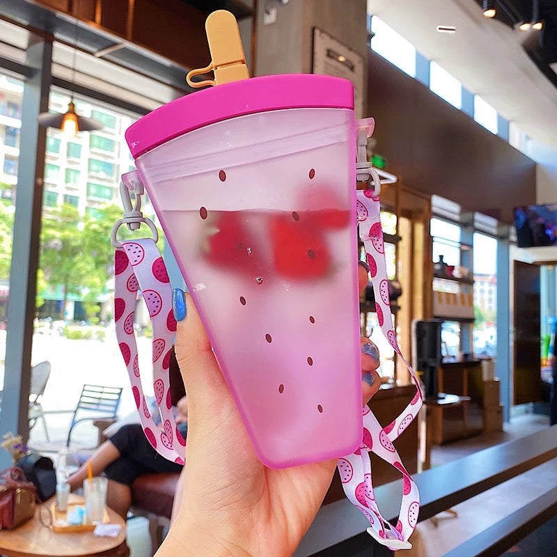 FruitChill: Aesthetic Watermelon Sipper Bottle with Straw & Adjustable Strap – Portable & BPA-Free for Travel & Daily Use