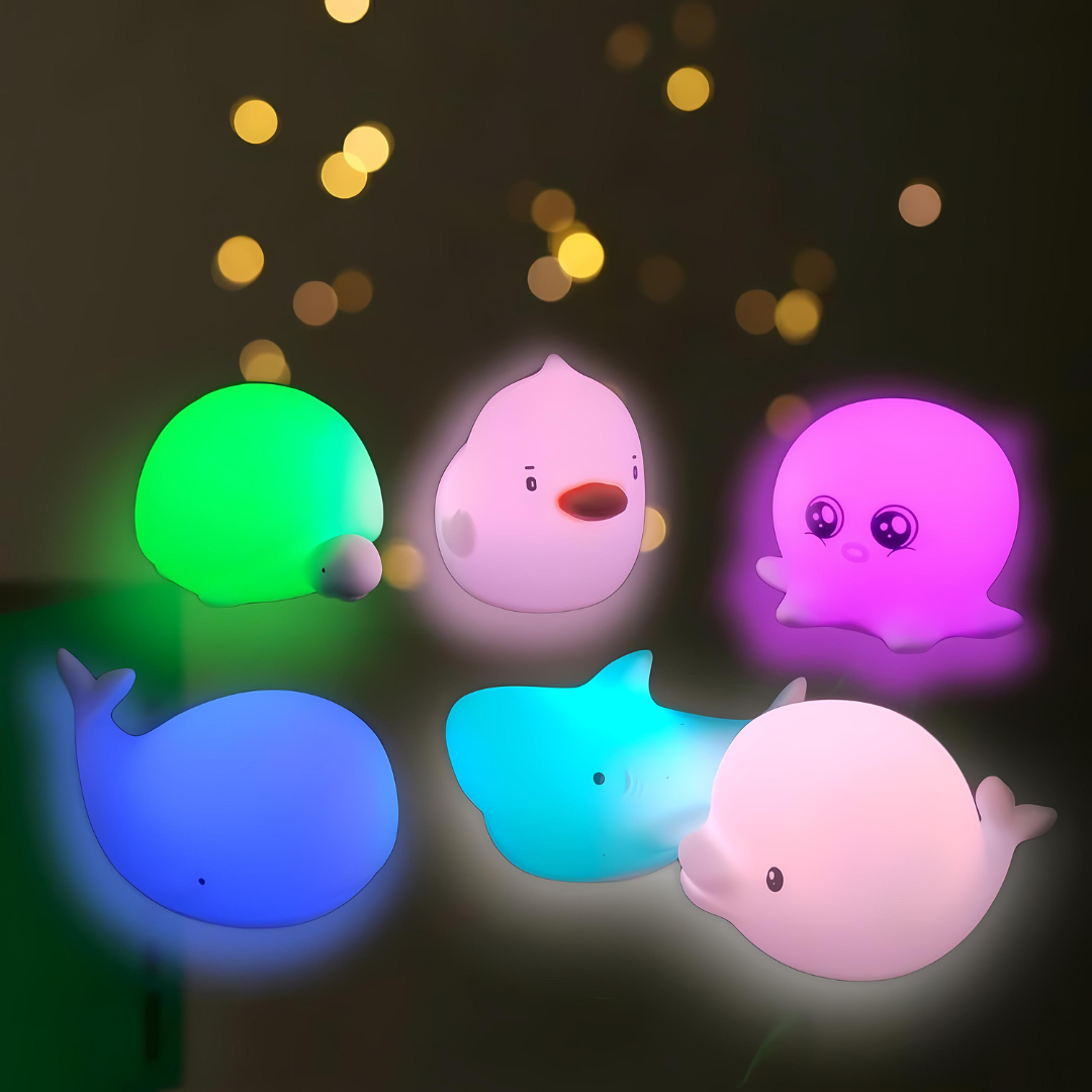 OceanPals: Set of 6 Adorable Ocean-Themed Squishy Night Lights with Soft LED Glow – Includes Whale, Shark, Octopus, Dolphin, Turtle & Duck