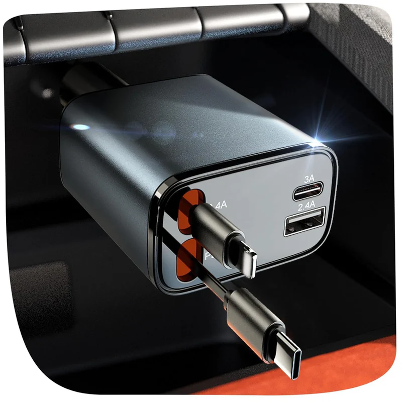 Terminal: 120W 4-in-1 Retractable Car Charger with Voltmeter, QC & PD Fast Charging, Dual USB Ports & Built-In Type-C + Lightning Cables