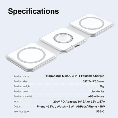 MagTrio: 3-in-1 Foldable MagSafe & Qi2 Compatible Wireless Charger with 15W Fast Charging for iPhone, AirPods & Apple Watch