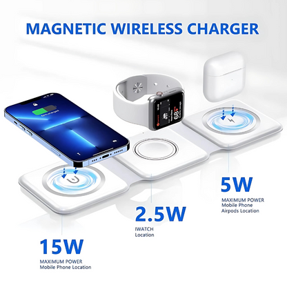 MagTrio: 3-in-1 Foldable MagSafe & Qi2 Compatible Wireless Charger with 15W Fast Charging for iPhone, AirPods & Apple Watch