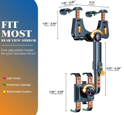 MirrorGrip: 60° Rotating Rearview Mirror Phone Holder with Anti-Shake Cradle & Adjustable Mount for Safe Driving