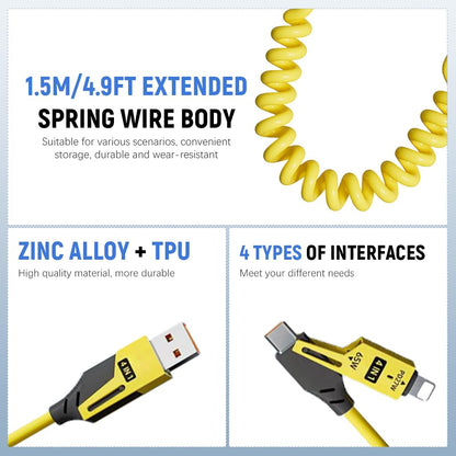 Coolio: 4-in-1 Coiled Fast Charging Cable with USB-A, Type-C & Lightning Connectors – 65W Spring Design for Travel, Car & Multi-Device Use
