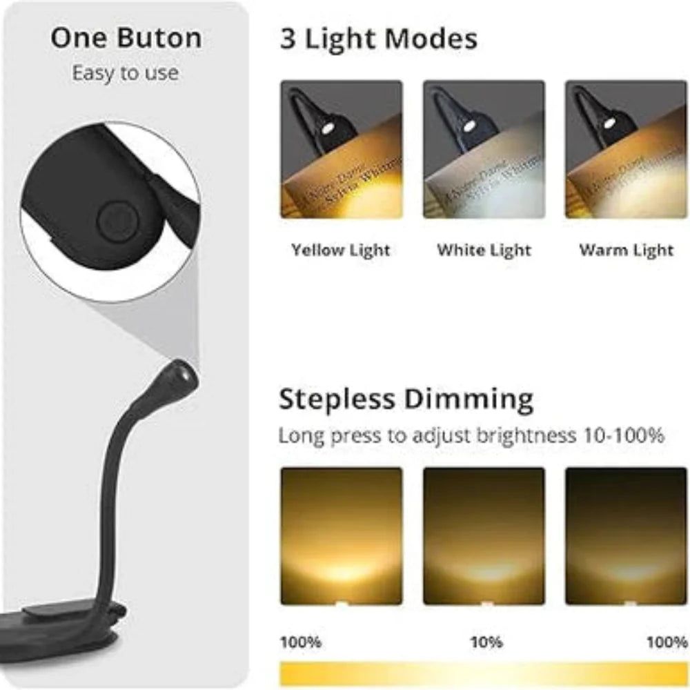 Immerse: Rechargeable Clip-On Book Light & Reading Lamp with 3-Color Modes, Type-C Charging & Flexible Gooseneck Night Reading for Book Lovers