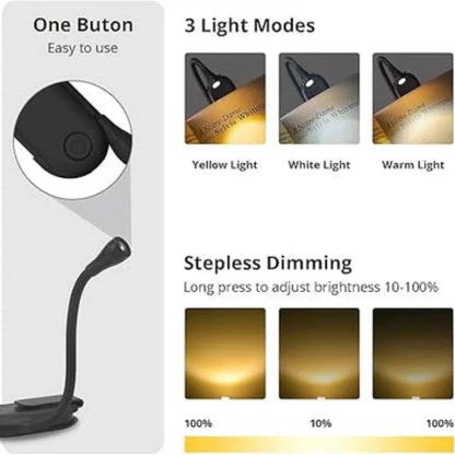 Immerse: Rechargeable Clip-On Book Light & Reading Lamp with 3-Color Modes, Type-C Charging & Flexible Gooseneck Night Reading for Book Lovers