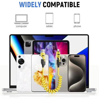 Coolio: 4-in-1 Coiled Fast Charging Cable with USB-A, Type-C & Lightning Connectors – 65W Spring Design for Travel, Car & Multi-Device Use