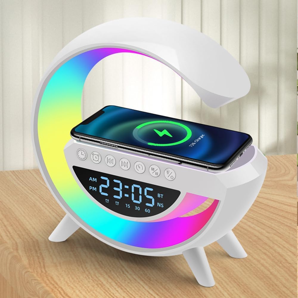 Gooble: Full Size G-Shaped RGB Atmosphere Lamp with 15W Wireless Charger, Bluetooth Speaker, Clock & Interactive Desk Light for Bedside & Room Décor