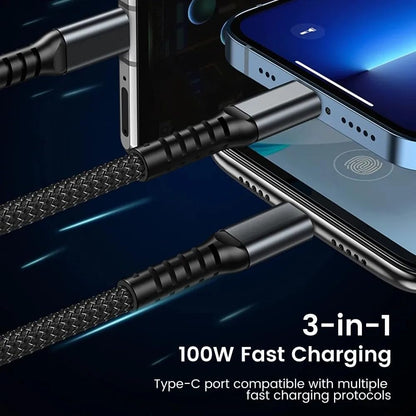 Power100: 3-in-1 100W Fast Charging Cable (1.2M) with Type-C, Micro-USB & Lightning Connectors for Laptops, Tablets & Smartphones