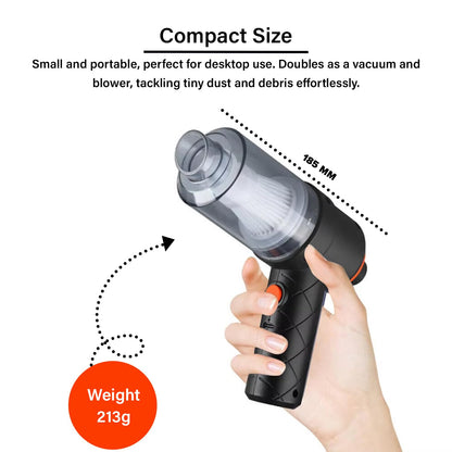 MiniVac: Type-C Rechargeable 2-in-1 Portable Vacuum Cleaner & Blower with Powerful Suction & 3 Nozzles for Car, Home & Office