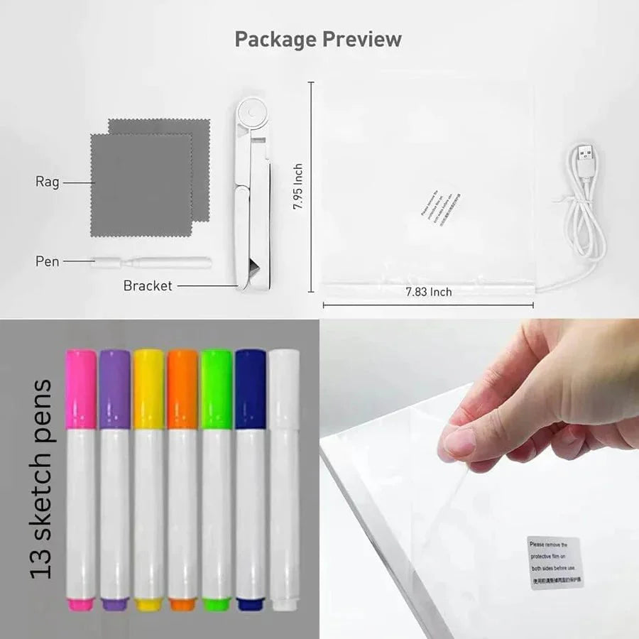 Gleam: LED Message Sketch Board & Night Lamp with Acrylic Dry Erase Surface, Stand & 13 Glow Pens for Home, Office & Gifting
