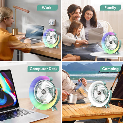 GFan: RGB LED Rechargeable Desk Fan with 3 Speeds – 180° Adjustable, USB Charging & 4-Hour Backup for Table, Office & Travel Use