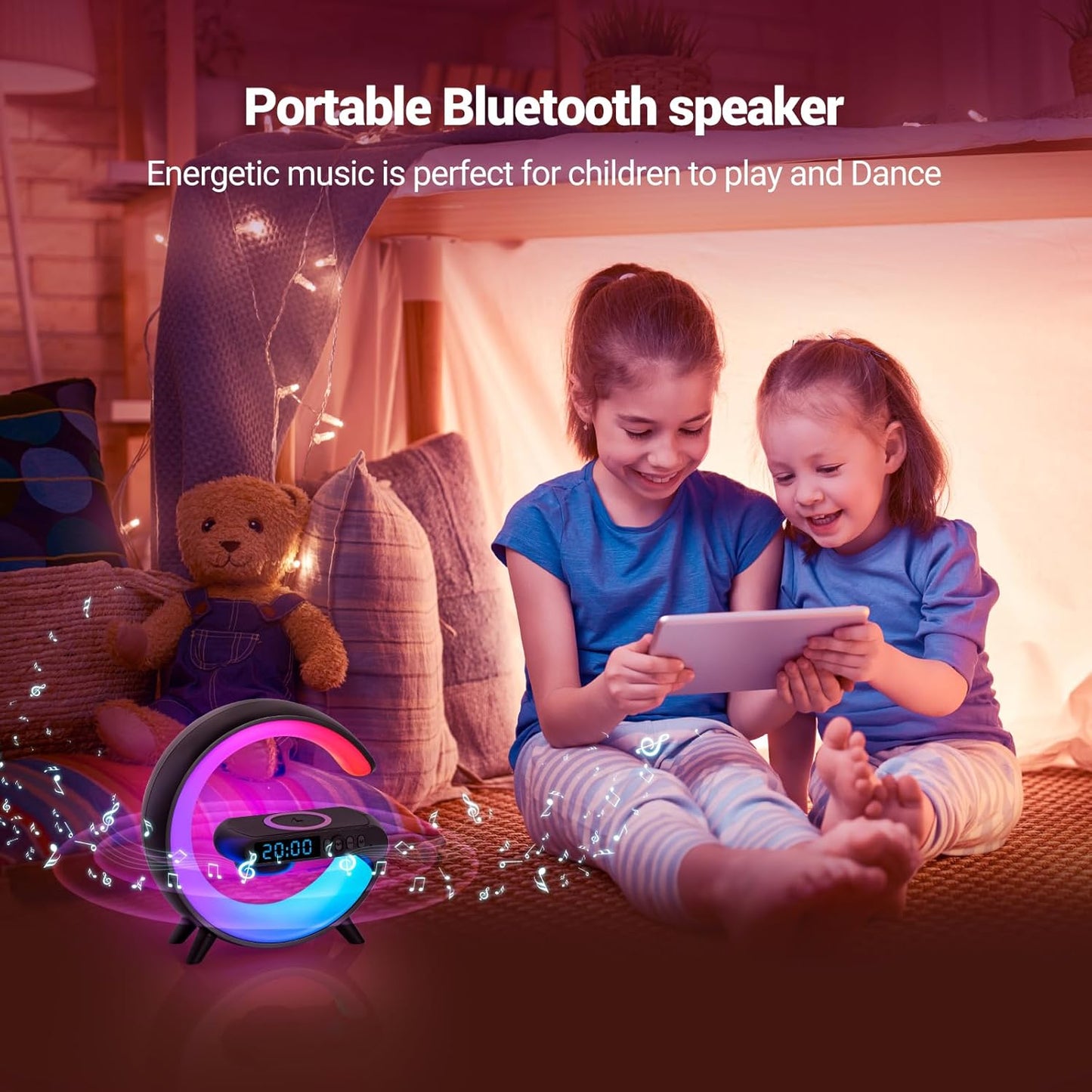 GoobleMini: G-Shaped RGB Atmosphere Lamp with 15W Wireless Charger, Bluetooth Speaker, Alarm Clock & Desk Light for Bedside & Room Décor