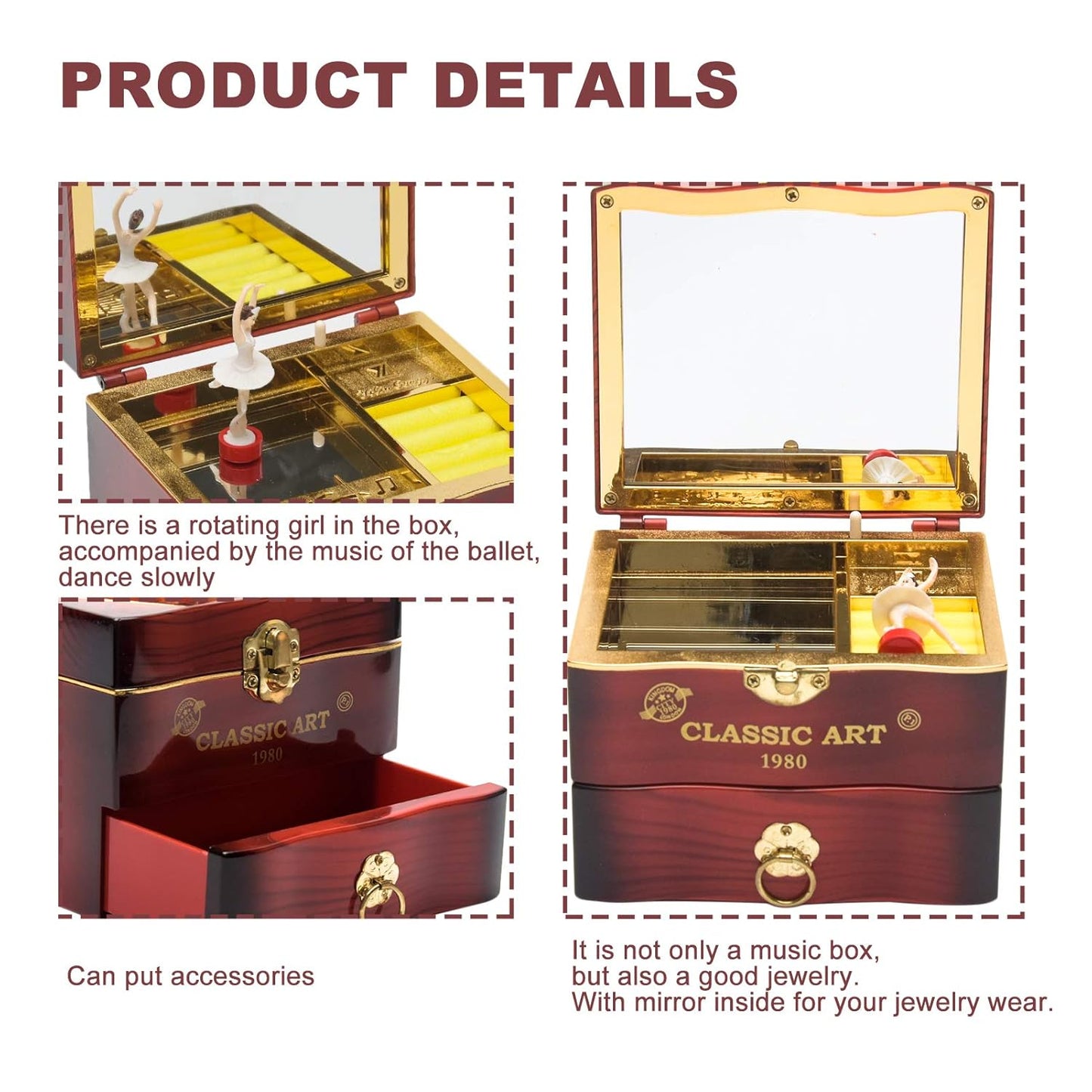 Tinkle: Wind-Up Musical Ballerina Jewelry Box with Mirror, Drawer & Elegant Spinning Dance Design