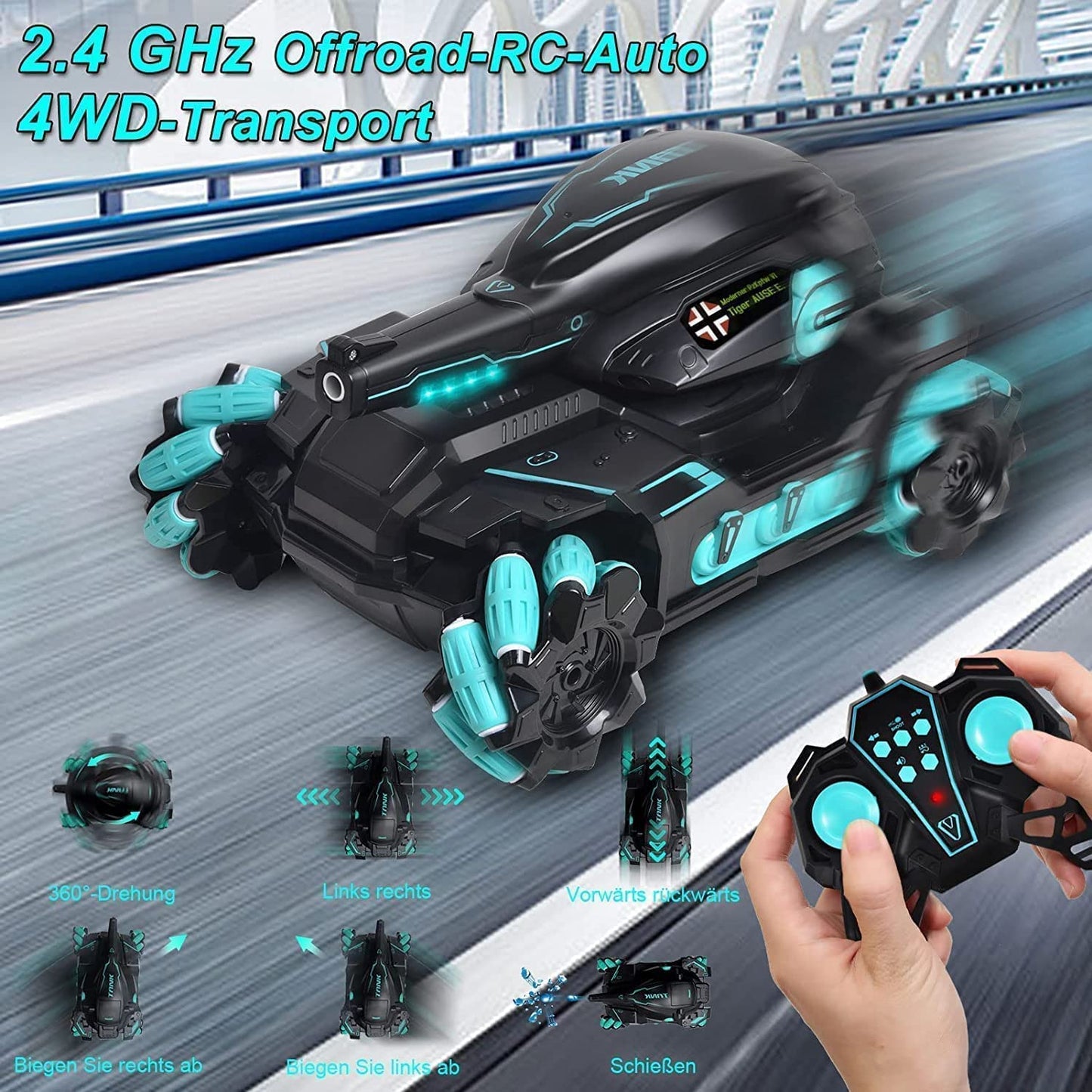 Tanko: RC Battle Car with Gesture Control & 360° Rotating Turret, Water Bullet Shooting, 4WD, High-Speed Drift & Rechargeable Battery