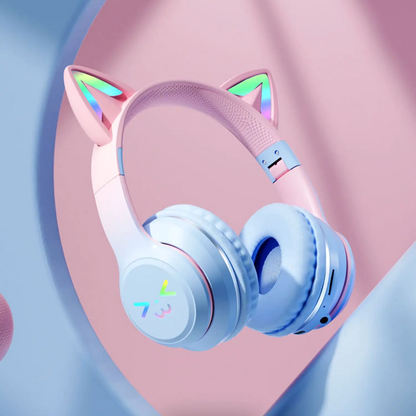 KittyHead: Wireless Cat Ear Headset with RGB LED Lights, Foldable Design headphone for PC, Tablet & Mobile
