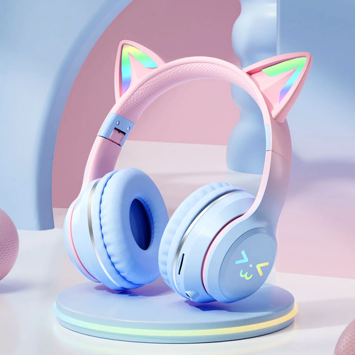 KittyHead: Wireless Cat Ear Headset with RGB LED Lights, Foldable Design headphone for PC, Tablet & Mobile