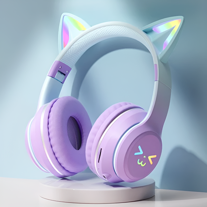 KittyHead: Wireless Cat Ear Headset with RGB LED Lights, Foldable Design headphone for PC, Tablet & Mobile