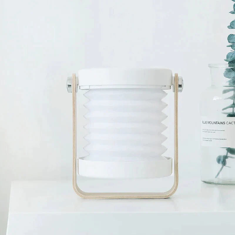 FlexiGlow: Modern 2-in-1 Rechargeable LED Lantern with Foldable Design, Dimmable Touch Control & Portable Wooden Handle
