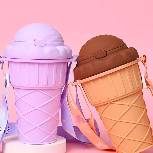 Sippy: Adorable Ice Cream Cone Sipper Bottle with Built-In Straw & Kid-Friendly 450ml Design