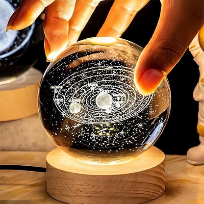 Orbito: 3D Crystal Ball Night Lamp with Engraved Solar System, USB-Powered LED Light with Wooden Base for Home Décor (60mm)